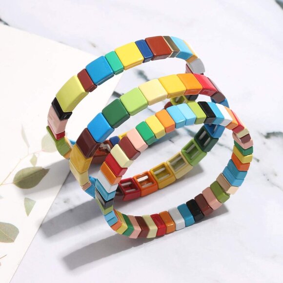 Tile Bracelets Enamel Rainbow Tile Bead Bracelets Colorblock Stackable Stretch B - Picture 3 of 8